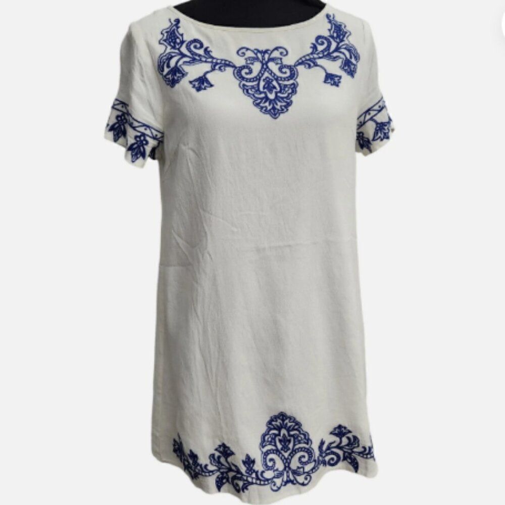 Lulus Tale to Tell Blue and Ivory Embroidered Shift Dress Small Short Sleeve